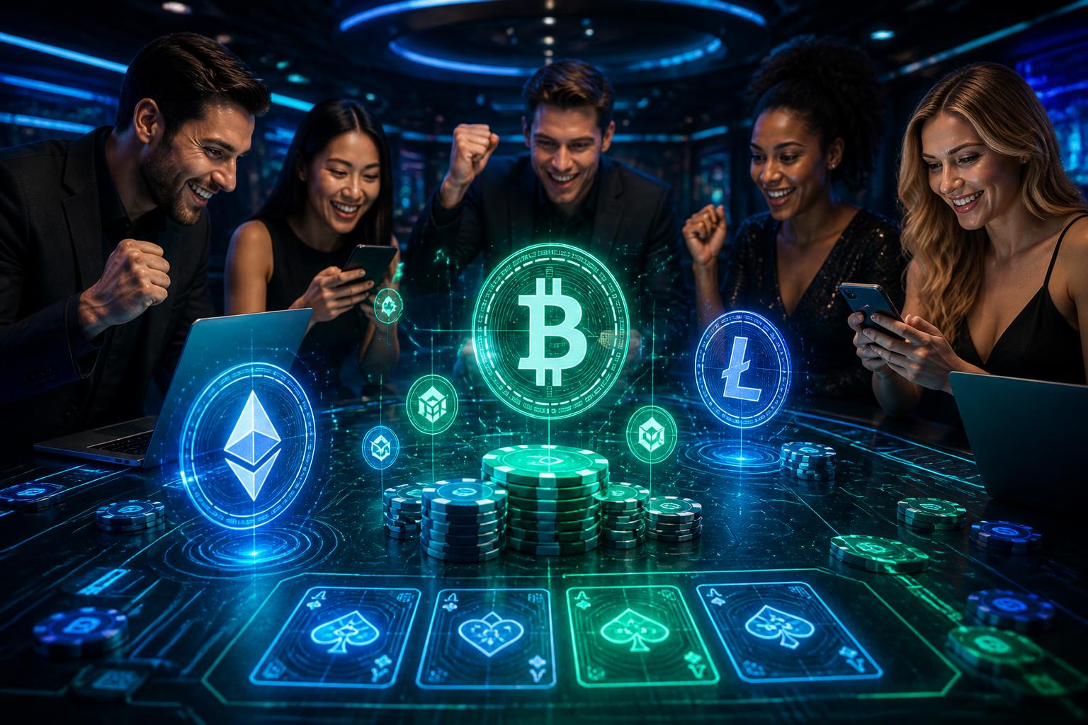A group of young adults using laptops and smartphones around a virtual casino table with glowing cryptocurrency symbols floating above it.
