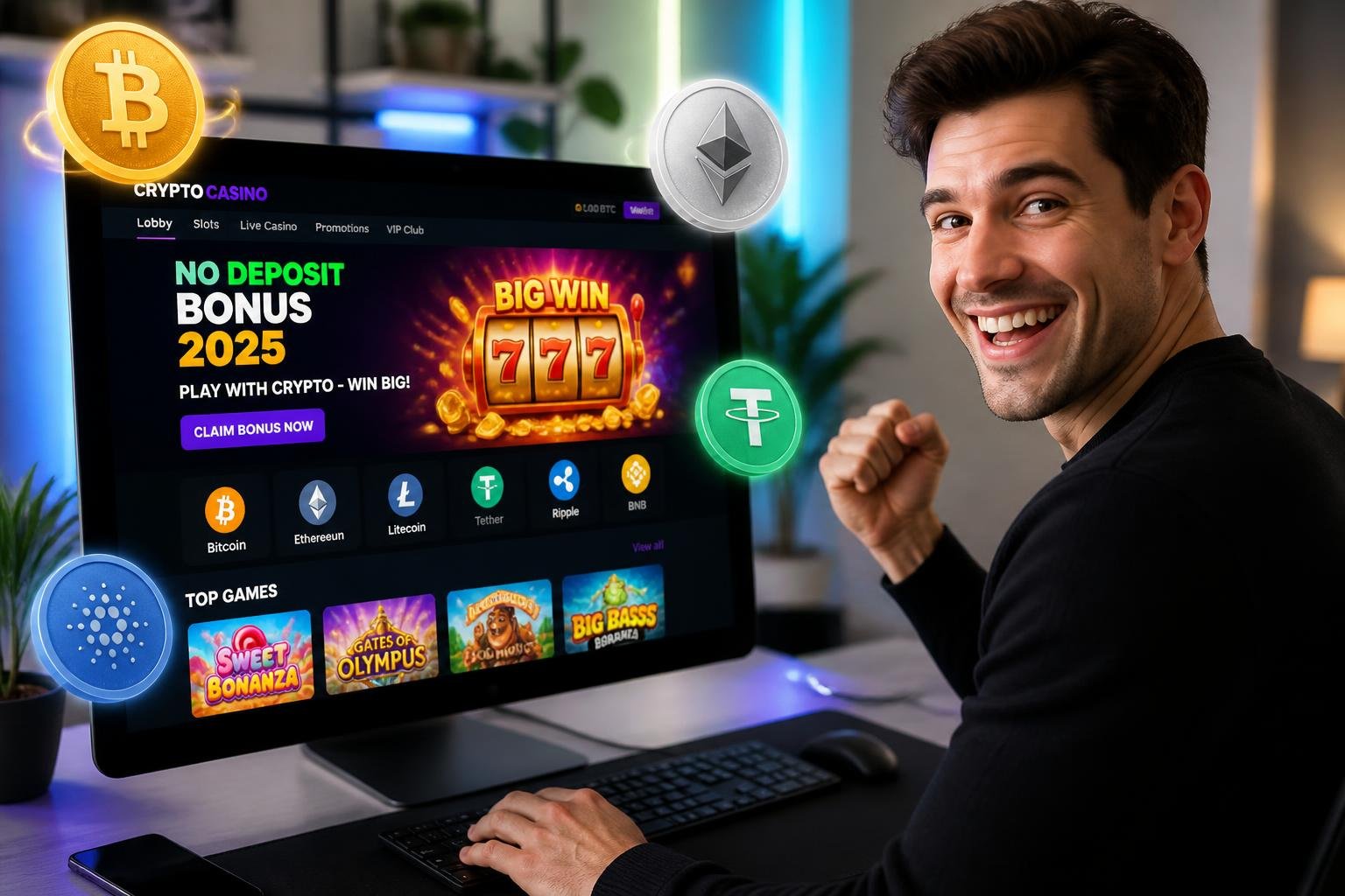 A young adult using a computer showing an online casino with cryptocurrency symbols floating around, in a modern indoor setting.