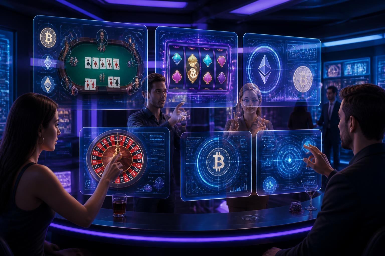 People interacting with futuristic holographic casino game screens displaying cryptocurrency symbols in a modern digital gaming room.