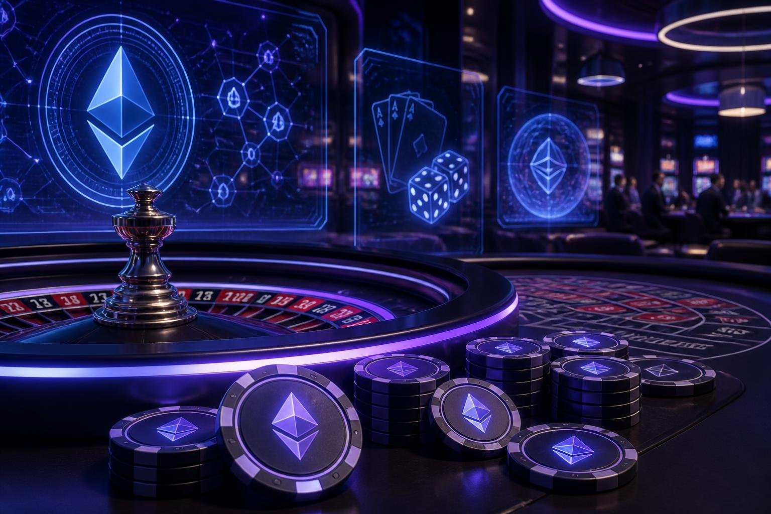 A modern casino scene with a roulette table, poker chips featuring Ethereum symbols, and digital screens showing blockchain graphics.