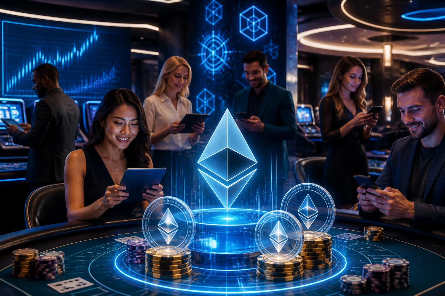 A futuristic digital casino scene with holographic Ethereum coins, casino chips, and people using devices showing casino games.
