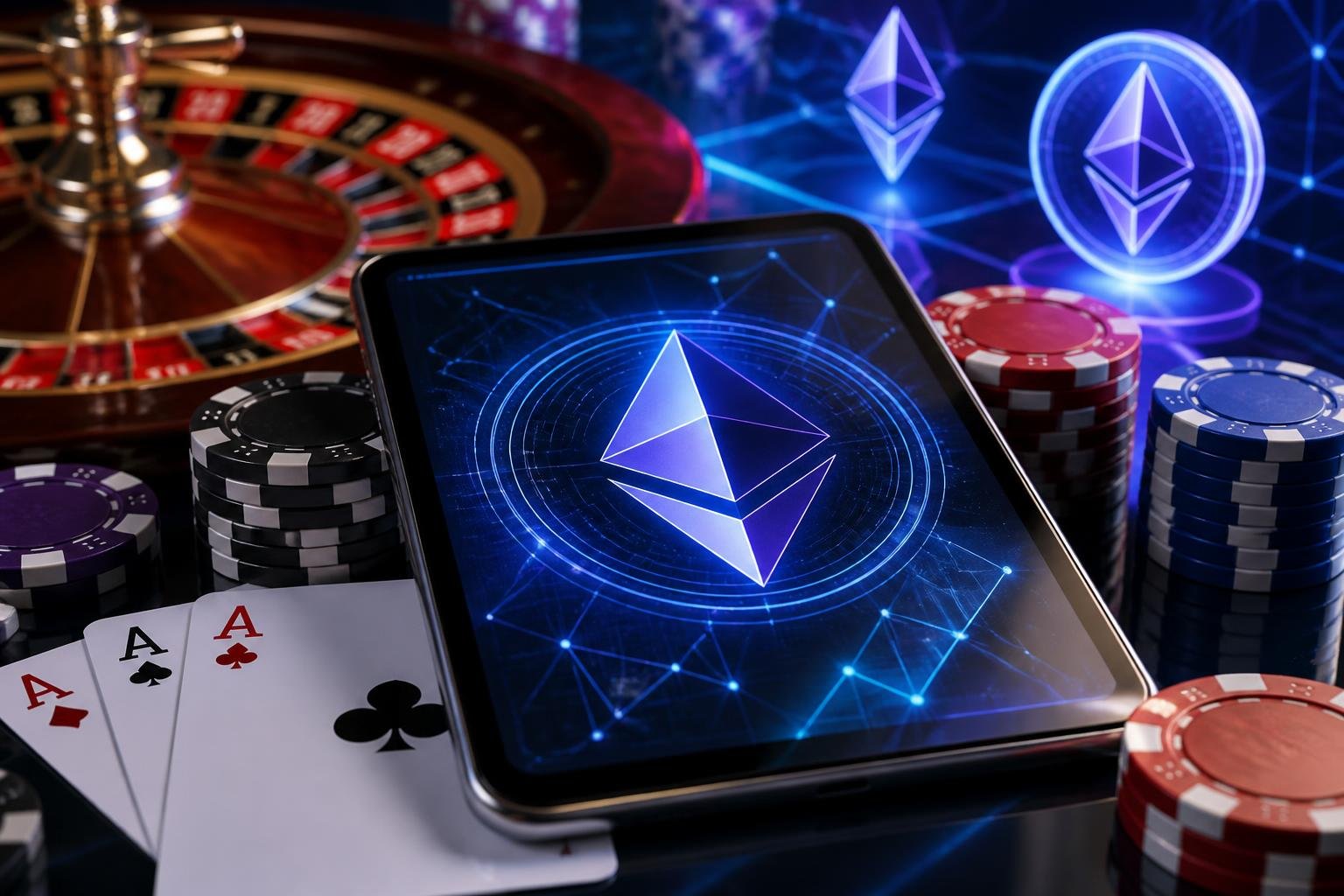 Close-up of a digital device showing the Ethereum logo surrounded by poker chips, playing cards, and a roulette wheel in a modern casino setting.