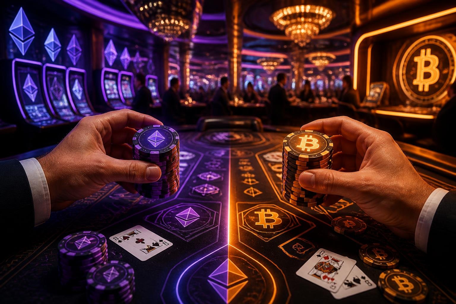A casino scene split into two areas, one themed with Ethereum symbols in purple and blue, the other with Bitcoin symbols in orange and gold, showing hands holding casino chips over a gaming table.