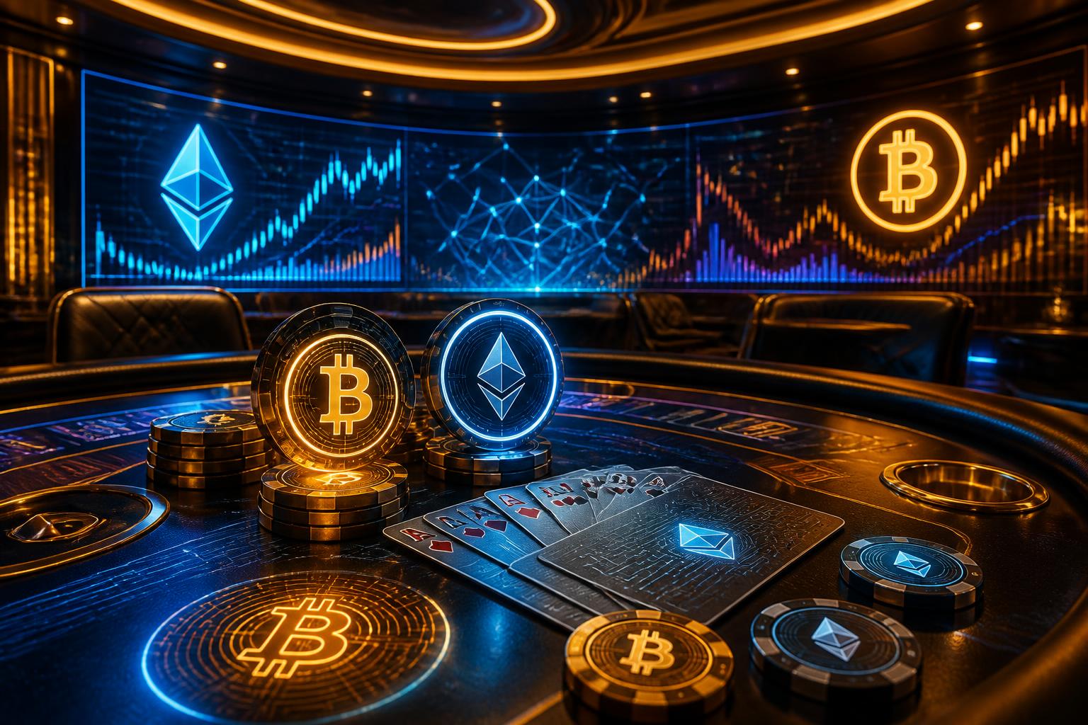 A modern casino table with digital chips and screens showing cryptocurrency symbols and abstract graphs, representing Bitcoin and Ethereum gambling.