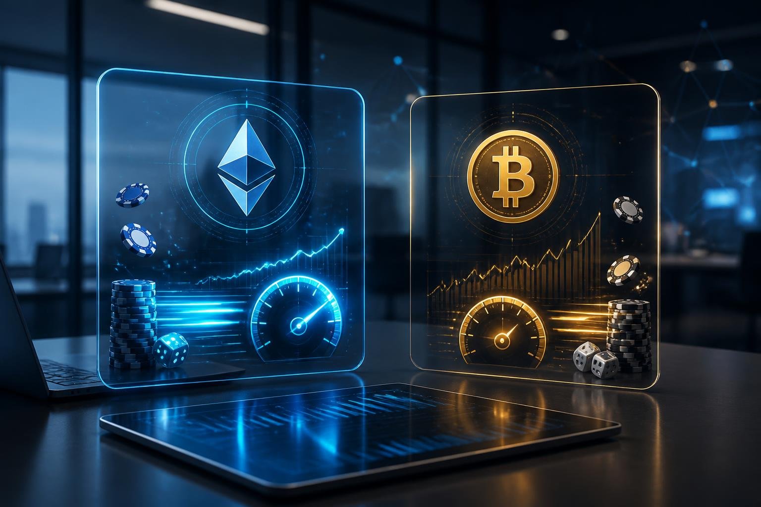 Two digital screens side by side showing Ethereum and Bitcoin symbols with graphs and casino chips in a modern office setting.